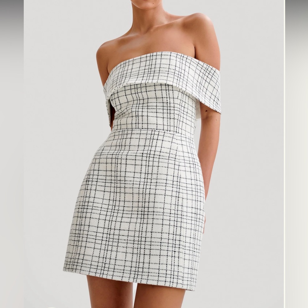 Meshki M Helena Tweed Off Shoulder Mini Dress - White Check